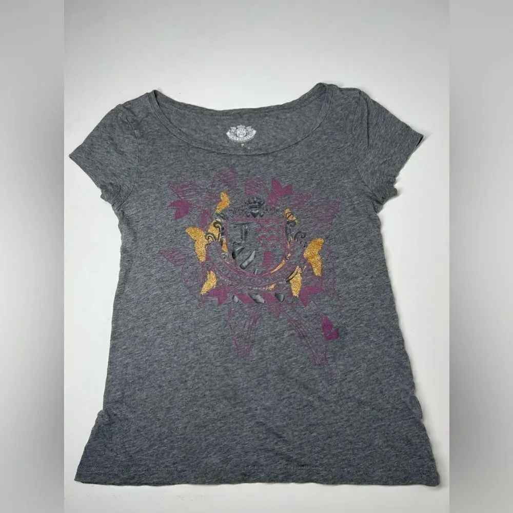 Juicy Couture Womens Gray TShirt S Pink Crown Diamond JC Jewels